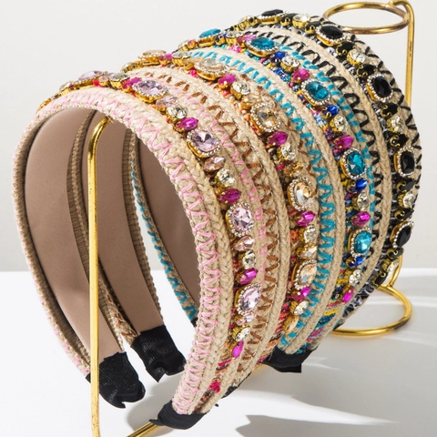 Bohemian Handmade Braided Yarn Headband For Women Vintage Multicolor Rhinestone Inlaid Wide Hair Hoop Padded Fashion Accessory