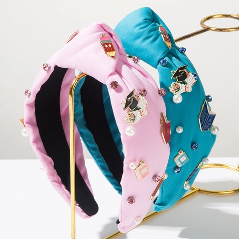Fascia Nodo Fashion Ritorno a Scuola per Donna Laurea Strass Perla Artificiale Matita Libro Ciondoli Tocco Accademico