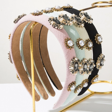 Diadema Acolchada de Tela Vintage Palacio Diamantes de Imitación Perla Artificial Barroco Elegante Accesorio Cabello Fiesta Boda Mujer