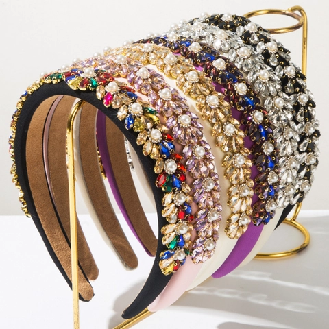 Cerchietto Imbottito Barocco per Donna Lusso Strass Perla Artificial Sintetica Floreale Cerchietto Vintage Largo Fascia Capelli Accessori Festa