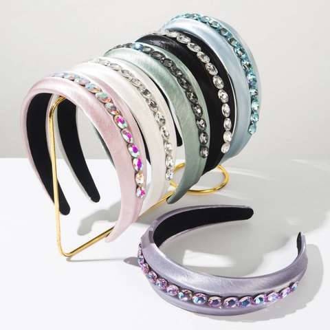 Elegant Padded Satin Headband With Glass Rhinestone Decoration Solid Color Wide Hairband For Women Fashion Hair Accessories
