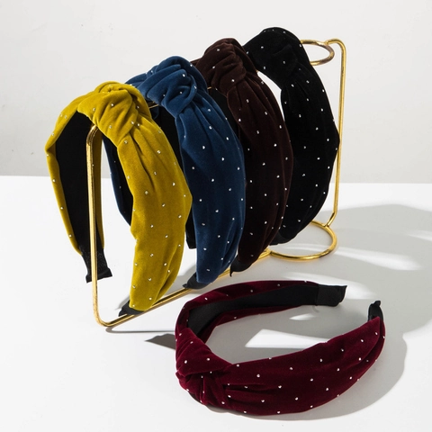 Vintage Velvet Knotted Headband For Women Luxury Rhinestone Padded Hair Band Solid Color Fashion Hair Accessories Gift
