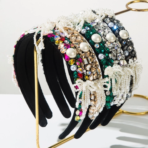 Baroque Vintage Velvet Headband With Rhinestone Artificial Pearl Bow Tassel Luxury Hair Band For Women Party Jewelry