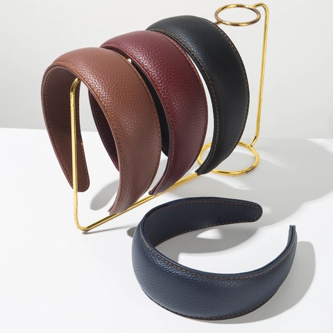Vintage PU Leather Padded Wide Headband Contrast Stitching Lychee Texture Solid Color Hair Band Women Hair Accessories
