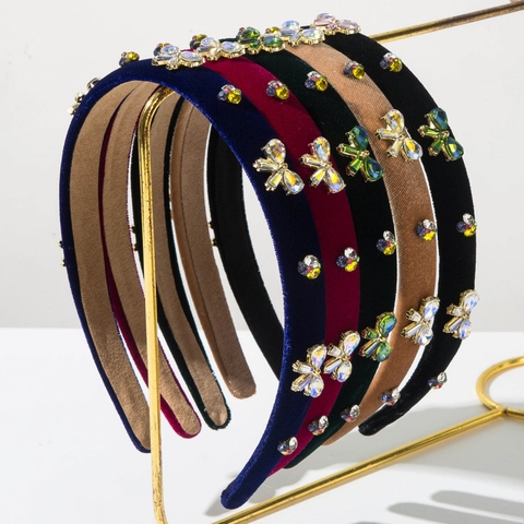 Diadema Vintage de Terciopelo con Strass Mujer Lujo Mariposa de Cristal Floral Acolchada para Banquete Fiesta Accesorios