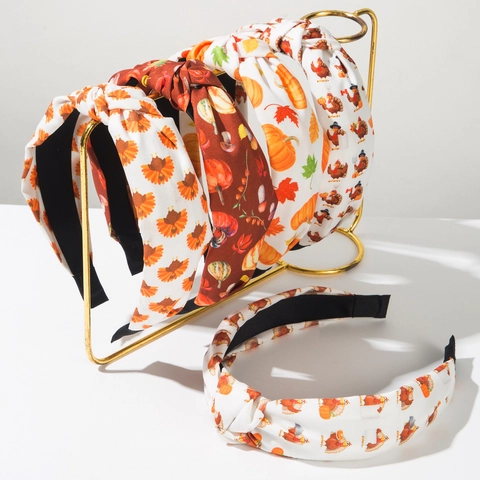 Fascia per Capelli Larga con Nodo Stampa Tacchino Zucca Foglia di Acero del Ringraziamento Autunno in Tessuto Accessori Capelli Donna