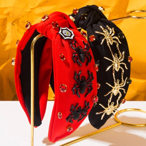 Halloween Gothic Spider Web Knotted Headband For Women Rhinestone Metal Spider Wide Fabric Hair Band Festival Party Accessory