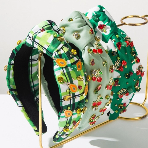 Women Korean Style Knotted Fruit Headband Wide Fabric Gingham Floral Hair Band Alloy Rhinestone Cherry Avocado Accessories