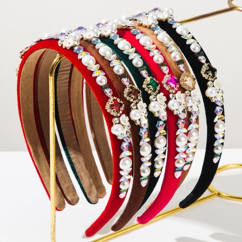 Vintage Baroque Velvet Padded Headband For Women Rhinestone Artificial Pearl Flower Design Elegant Hair Accessory Top Hairband