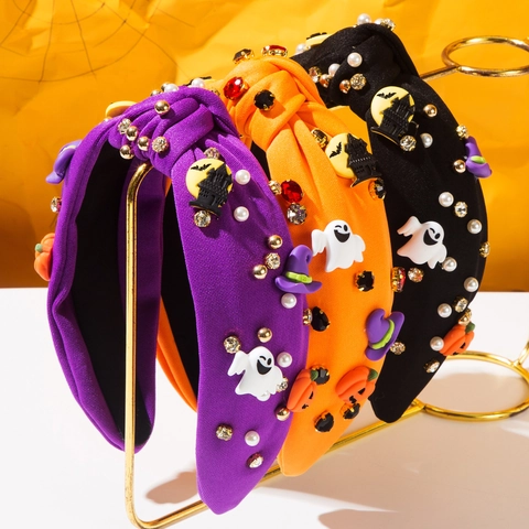 Halloween Knotted Headband For Women Rhinestone Artificial Pearl Hairband Ghost Pumpkin Witch Hat Festive Hair Accessories