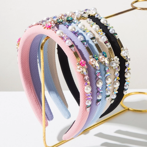 Luxury Padded Headband For Women With Artificial Pearl Rhinestone Flower Letter Decor Retro Fabric Hair Band Jewelry