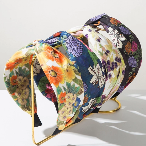 Women Knotted Floral Print Fabric Headband Bohemia Beach Vacation Wide Hair Accessory Sweet Printed Fashion Headwear