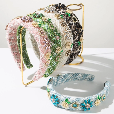 Vintage Tweed Padded Headband For Women Elegant Flower Rhinestone Hair Band Retro Woven Fabric Head Hoop Hair Accessories Gift