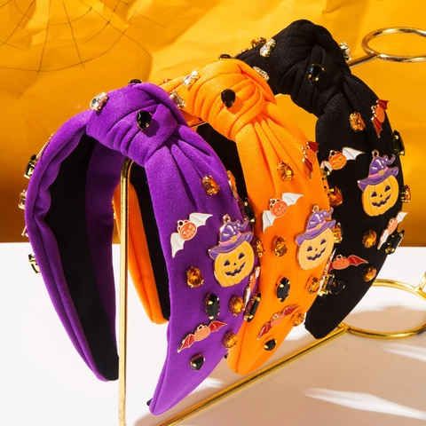 Halloween Knotted Headband For Women Fabric Rhinestone Enamel Pumpkin Bat Decor Gothic Festive Party Hair Band Accessory