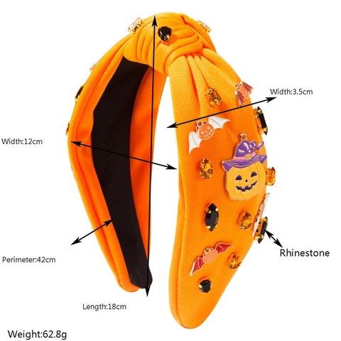 Halloween Knotted Headband For Women Fabric Rhinestone Enamel Pumpkin Bat Decor Gothic Festive Party Hair Band Accessory