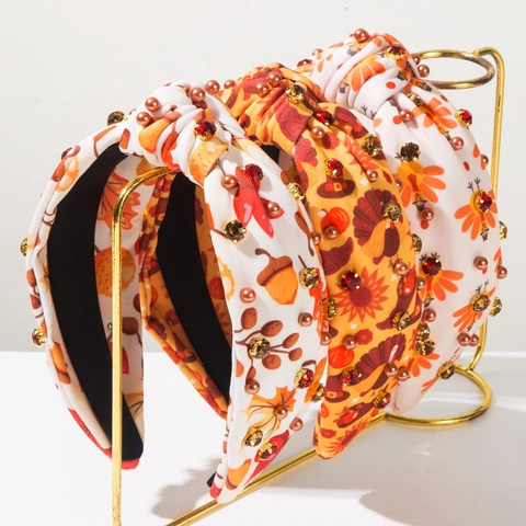 Cerchietto Annodato Giorno del Ringraziamento Tacchino Zucca Foglia di Acero Donna Autunno Stoffa Stampata Strass Perle Artificiali