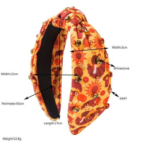 Cerchietto Annodato Giorno del Ringraziamento Tacchino Zucca Foglia di Acero Donna Autunno Stoffa Stampata Strass Perle Artificiali