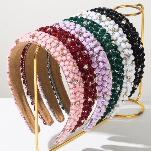 Cerchietto Imbottito Floreale Barocco Vintage di Lusso per Donna Con Fiori di Rosa 3D e Strass Accessori Capelli per Matrimonio