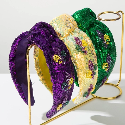 Diadema con Nudo de Lentejuelas y Cuentas para Mujer Brillante Banda de Pelo para Carnaval Mardi Gras Patrón Flor de Lis Accesorios para el Cabello
