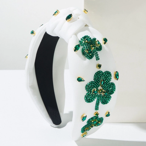 Cerchietto Trifoglio San Patrizio Strass Perline Nodo Bianco Verde Moda Accessorio Capelli per Donna Festa Decorazione