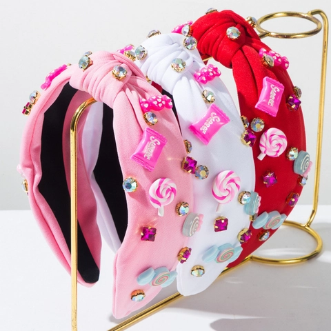 Diadema Ancha Anudada de San Valentín con Adornos de Resina y Strass Aro de Tela para el Cabello para Mujer