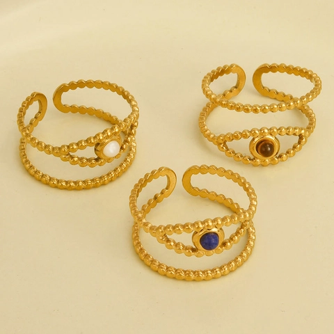 Bague Ouverte en Acier Inoxydable 304 Vintage Pierre Naturelle Ronde Incrustée Texture Perlée Multi Couches Bijoux Femme