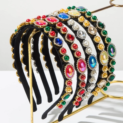 Cerchietto in Tessuto Barocco Vintage Con Strass Colorati E Perle Artificiali Cerchio Per Capelli In Cristallo Intarsiato Di Lusso Per Donna Accessori Moda