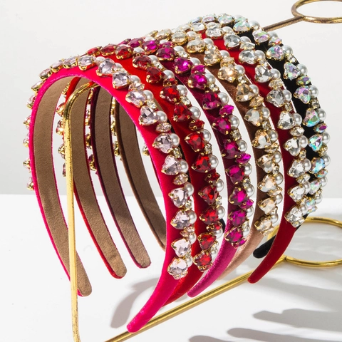 Fashion Heart Rhinestone Artificial Pearl Velvet Headband For Women Elegant Padded Hair Hoop Vintage Party Wedding Hair Accessories Gift