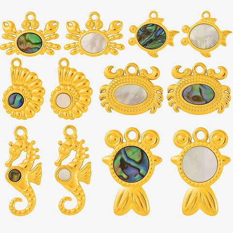 304 Stainless Steel Ocean Life Pendants Crab Seahorse Fish Scallop Charms Only Natural Mother Of Pearl Abalone Shell Inlay DIY