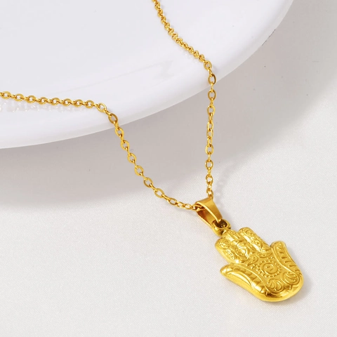 Vintage 304 Edelstahl Hamsa Hand Anhänger Halskette Für Damen Hand der Fatima Graviert Charme Choker Täglich Schmuck Geschenk