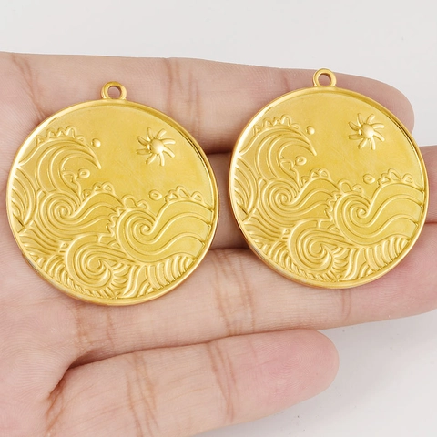 304 Stainless Steel Round Wave Sun Embossed Pendant For DIY Jewelry Making Gold Silver Plate Necklace Accessories