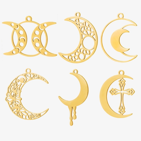 304 Edelstahl Mond Anhänger Mit 18K Vergoldet Hohl Kreuz Dreifache Mondgöttin DIY Schmuckherstellung Zubehör