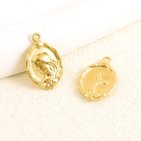 Ciondolo Bifacciale a Forma di Sirena in Acciaio Inossidabile 304 Vintage Ovale con Rilievo Profilo Donna per Creazione Gioielli