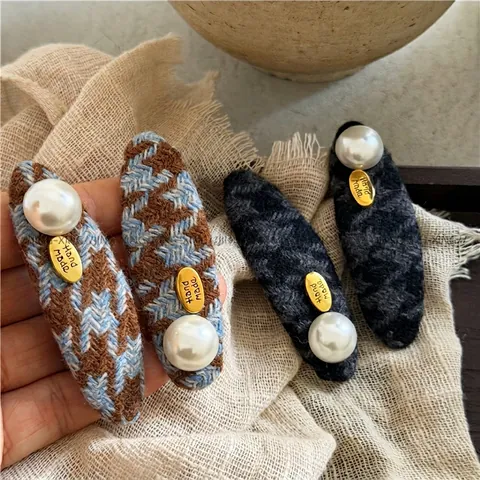 Fermaglio per Capelli Ovale Pied de Poule Vintage Elegante Perla Artificiale Fatto a Mano BB Clip Moda Donna Accessori