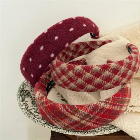 Diadema de Tela de Lana a Cuadros para Mujer Otoño Invierno Diadema Acolchada Ancha con Lunares Estilo Coreano Retro Accesorios