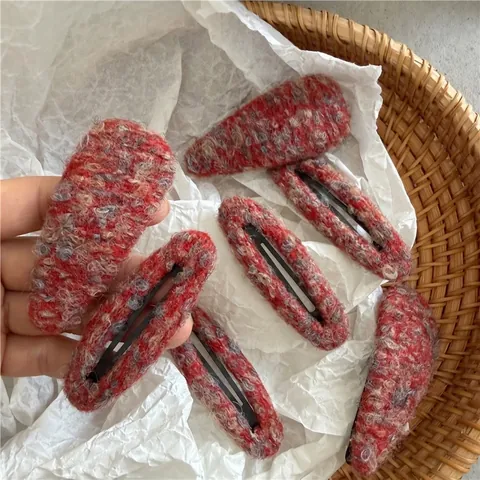 Fermagli per Capelli in Lana Tweed Rossa Donna Vintage Ovali a Goccia Clip BB Stile Coreano Eleganti Accessori Capelli