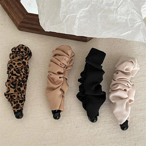 Elegante Pinza de Banana de Tela Plisada Estilo Francés para Mujer Leopardo Color Sólido Accesorio para el Cabello Ponytail