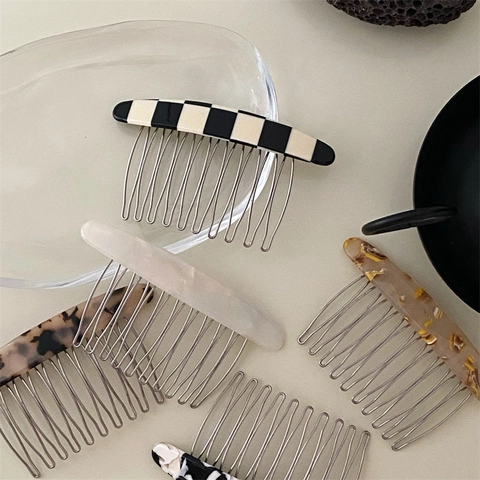 Peine de Acetato Simple Estilo Coreano para Mujer Dientes de Metal Patrón de Ajedrez Mármol Carey Accesorio para el Pelo