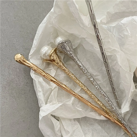 INS Style Retro Gold Silver Color Plastic Resin Artificial Pearl Hair Stick Electroplated Geometric Hairpin Jewelry For Women