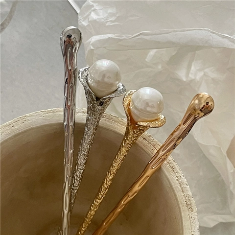 INS Style Retro Gold Silver Color Plastic Resin Artificial Pearl Hair Stick Electroplated Geometric Hairpin Jewelry For Women