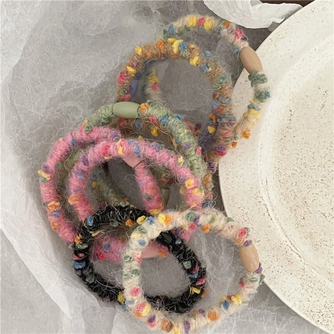 Bunte Wolle Gestrickte Haargummis Weiche Elastische Scrunchies Mit Dekorativen Perlen Konfetti Muster Haarschmuck Für Damen Mädchen