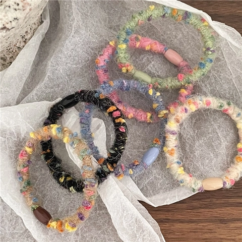 Bunte Wolle Gestrickte Haargummis Weiche Elastische Scrunchies Mit Dekorativen Perlen Konfetti Muster Haarschmuck Für Damen Mädchen