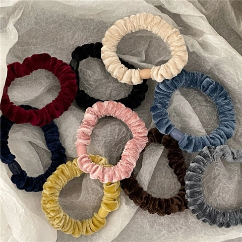 Vintage Gold Velvet Hair Scrunchie Solid Color Pleated Elastic Hair Band With Decorative Bead For Women Daily Hair Accessories