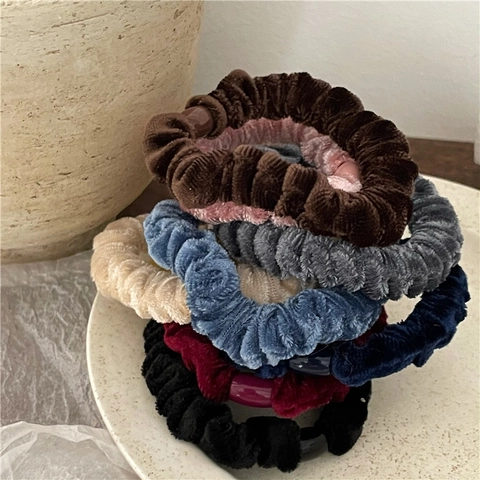 Vintage Gold Velvet Hair Scrunchie Solid Color Pleated Elastic Hair Band With Decorative Bead For Women Daily Hair Accessories