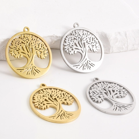 304 Roestvrij Staal Levensboom Hanger Rond Opengewerkt Voor DIY Ketting Armband Maken Vrouwen Mode Sieraden Cadeau