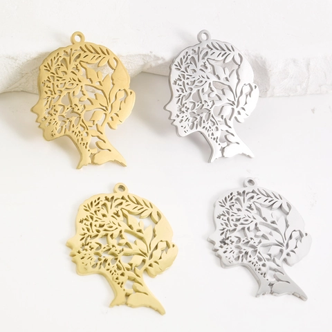 Pendente Profilo Femminile Svuotato in Acciaio Inossidabile 304 Con Motivo a Foglia e Fiore Componente DIY per Collana