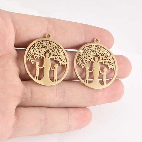 Tree Of Life Mother Children Pendant Only Without Chain 304 Stainless Steel Hollow Round Charm For DIY Jewelry Making