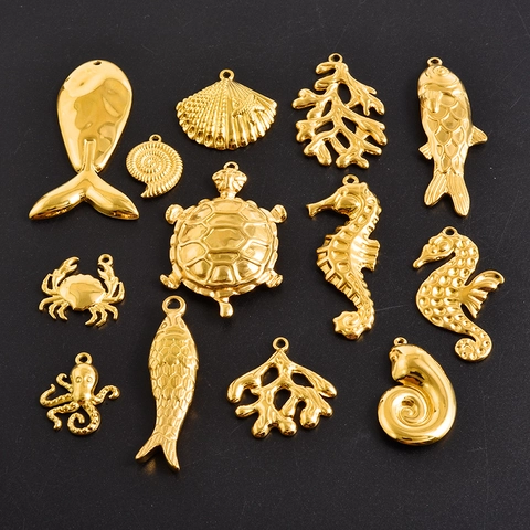 Stainless Steel Gold Plated Ocean Life Pendants Sea Turtle Seahorse Octopus Crab Shell Fish Coral DIY Jewelry Accessory