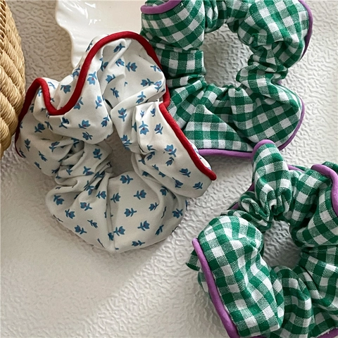Elastici per Capelli in Tessuto Pastorale a Scacchi Verdi e Fiori Blu Supporto per Coda di Cavallo Donna Accessori
