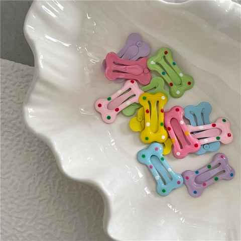 Kids Mini Bone Shaped Hair Clips Colorful Polka Dot Candy Color Alloy Side Pins Sweet Hairpins For Girls Women